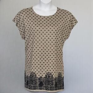 Charmant Polka Dot Tunic Top Women’s Plus 2X Tan Black Short Sleeve Border Hem